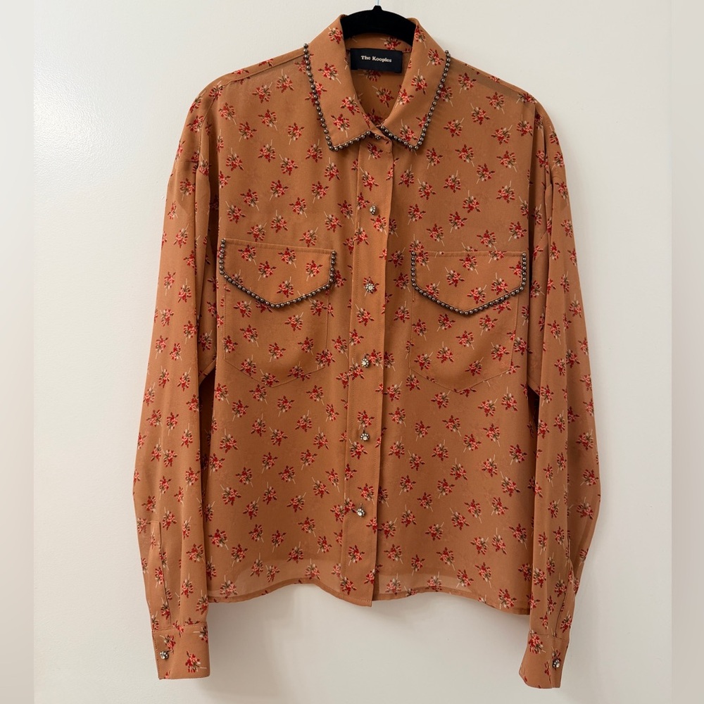 The Kooples Antique Rose Floral Western Shirt with Red Blossoms